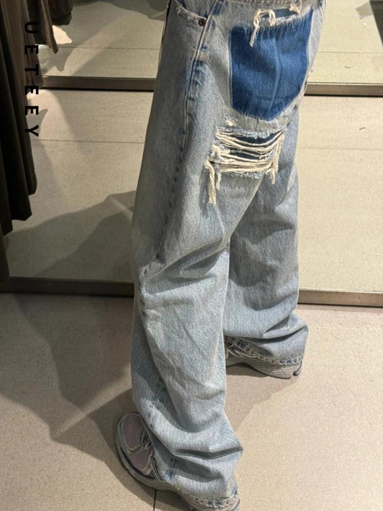 Streetwear Low Waisted Blue Straight Jeans For Women, Vintage Hole Loose Denim Pants
