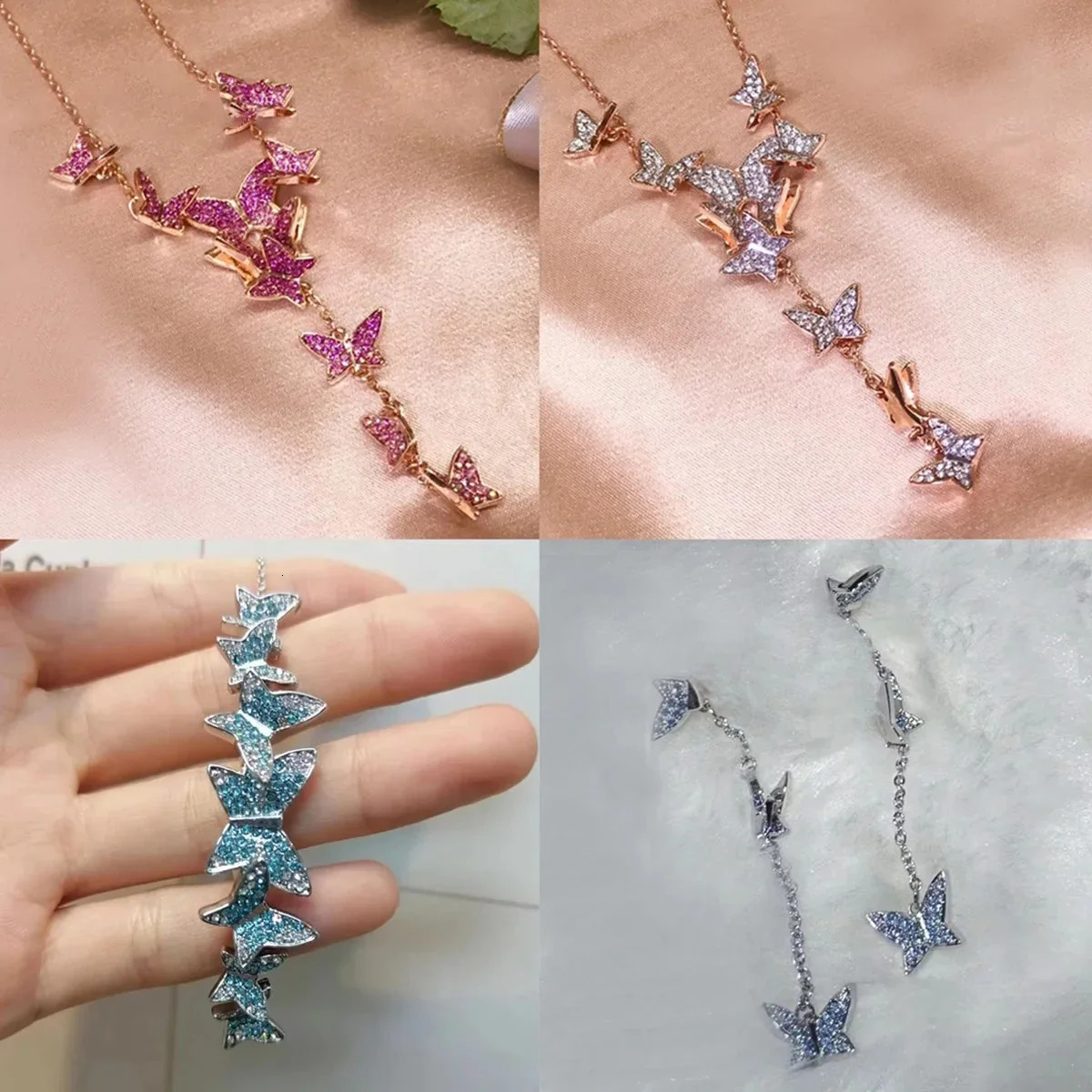 Original 2024 Fine Jewelry Sets Charming Blue Pink Butterfly High Quality Crystal Fashion Womens Necklace Bracelet Earrings 241030