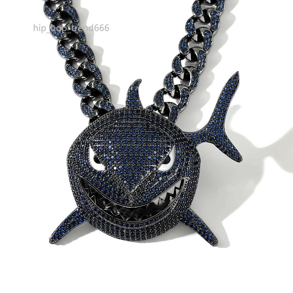 Hip-hop whale shark 12mm black plated Cuban chain blue moissanite full diamond men boy iced out necklace chain