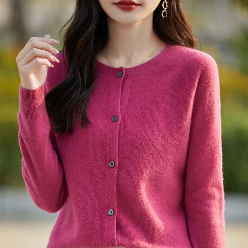 Women 100% Merino Wool Sweater O-neck Long Sleeve Basic Grace Cardigan Spring Autumn Office Lady Clothes Fashion Tops 241029