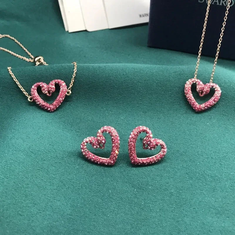 Original 2024 Romantic Party Gift Charming Pink Heart shaped Crystal Pearl Necklace Earrings for Womens High Jewelry Set 241030