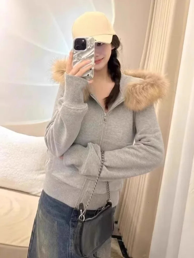 Retro fur patch work hoodie Grunge zipper hoodie womens casual fully matched Korean pocket jacket Y2k aesthetic gray sweatshirt 241025