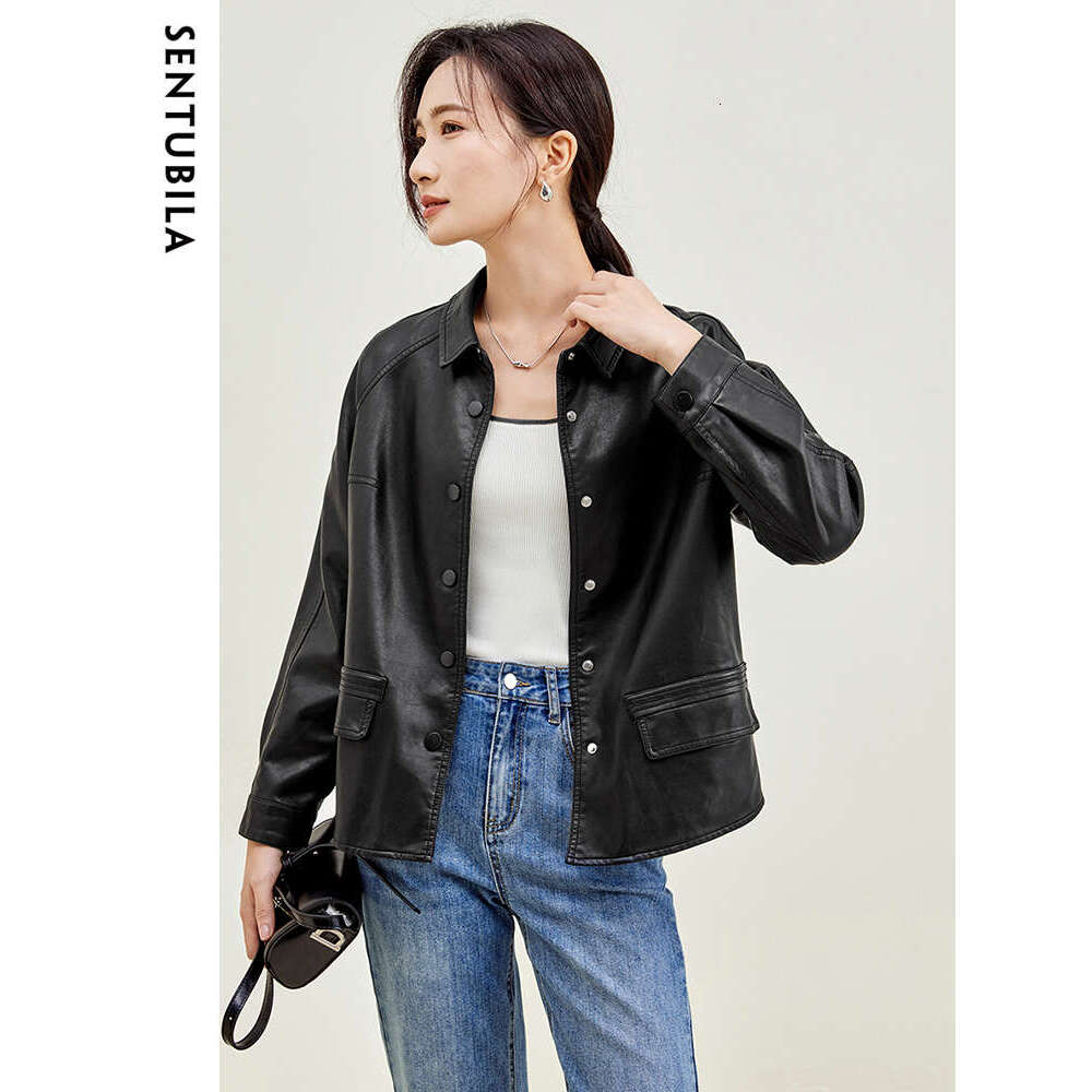 Black Faux Women Shacket 2024 Autumn Winter Outerwear Pu Leather Button Up Shirt Jacket Coat W33g49948