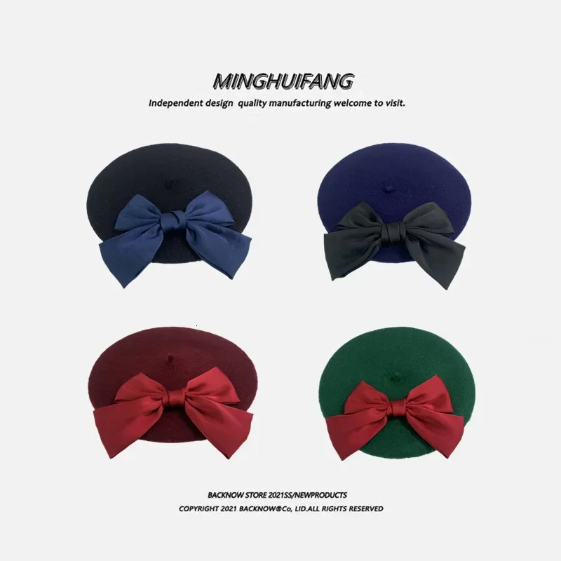 Japanese Wool Big Bow Beret Female Korean Version Autumn and Winter Wild Retro for Feeling Painter Hat 241009