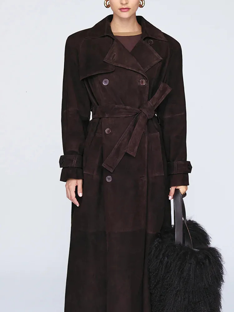 Brown Suede Leather Women Winter Coats With Belt Vintage Lapel Double Breasted Coat Ladies 2024 High Street Trench Outerwear 241029