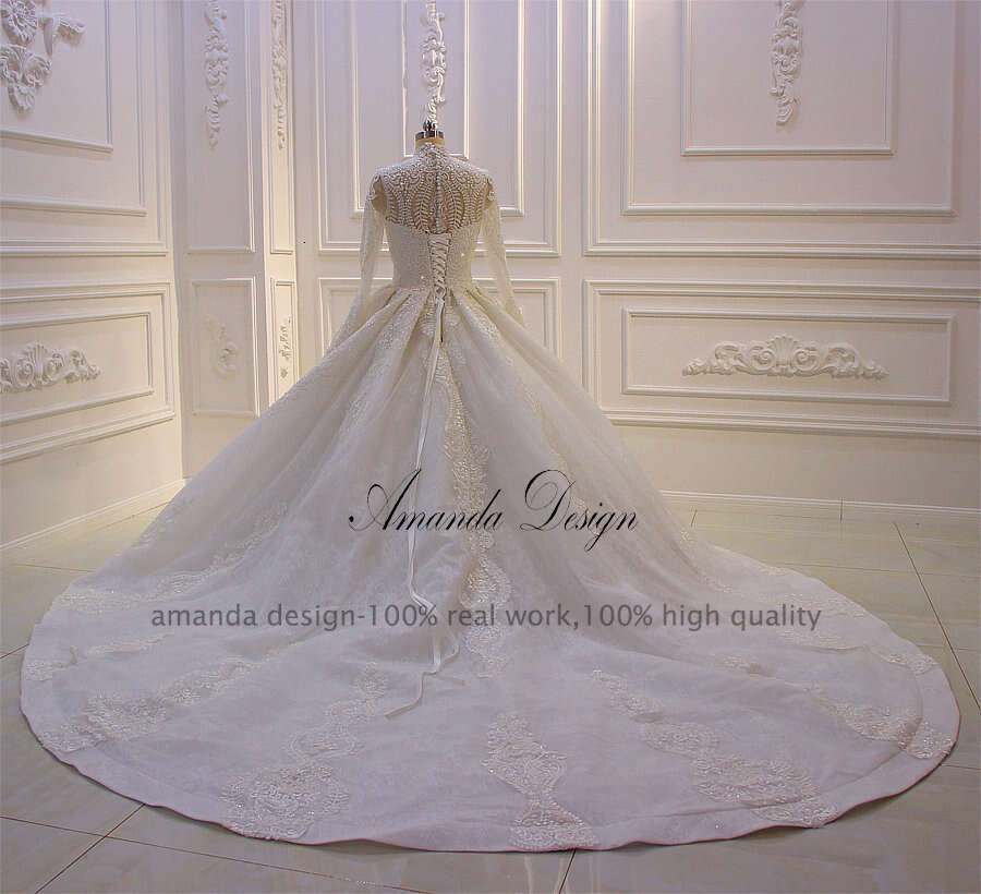 Amanda Design bouquet mariage High Neck Long Sleeve Lace Appliqued Muslim Wedding Dress