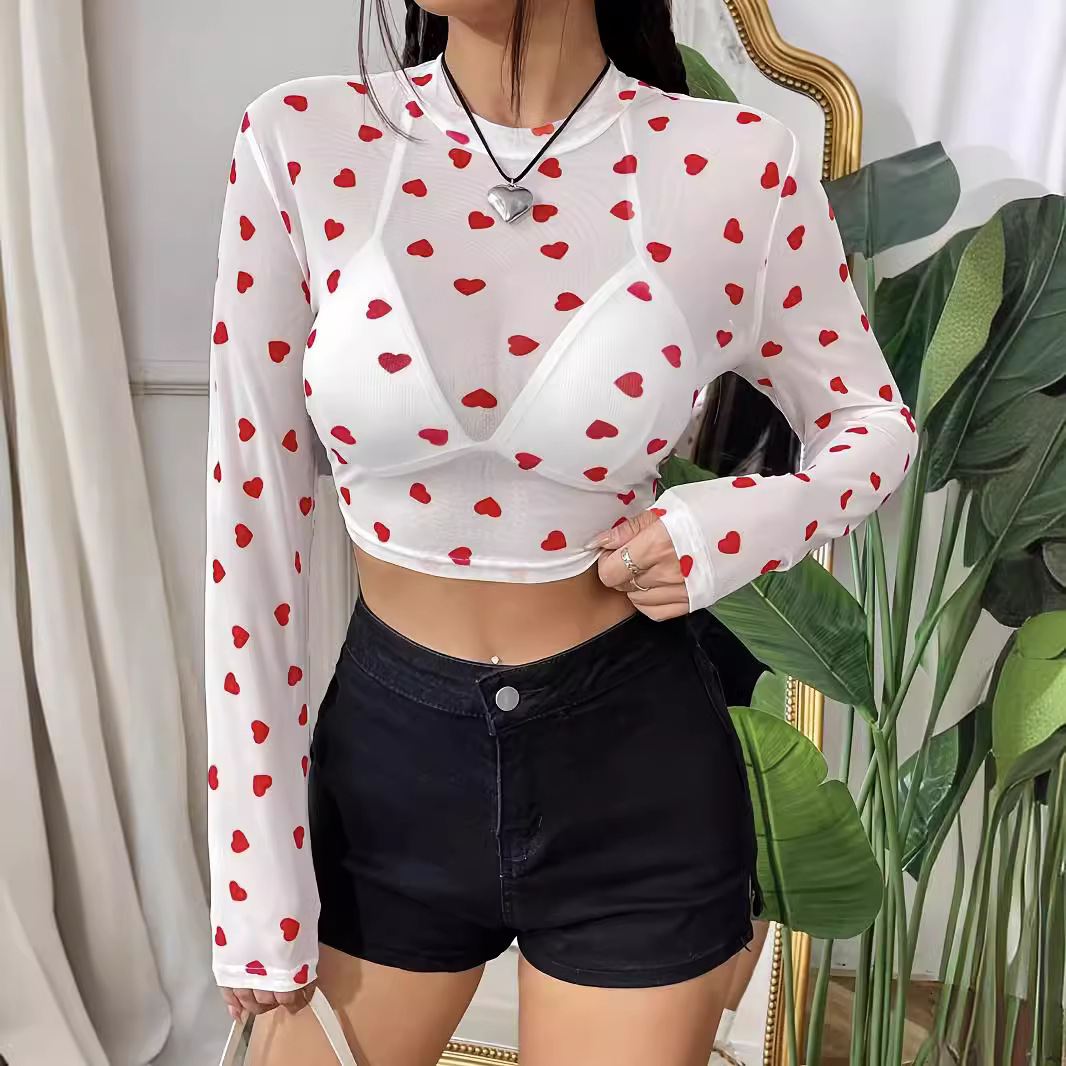 Designer's autumn and winter elegant special mesh printed heart round neck long sleeved T-shirt for slimming women