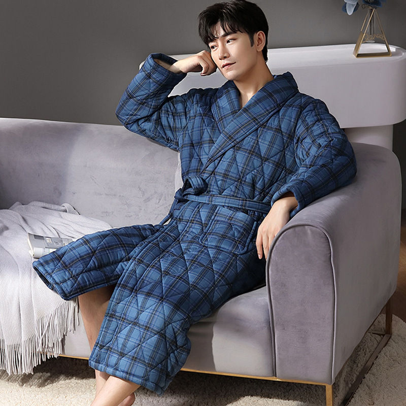 2024 Designer Men's Sleeping Robe Autumn Winter Pure Cotton Three-layer Jacket For Warmth Middle-aged Dad Thick Medium And Long Elderly Bathrobe