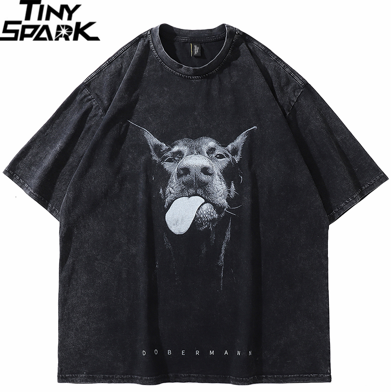 2023 Men Streetwear Hip Hop Oversized Funny Doberman Dog Graphic T Shirt Vintage Washed Black Tshirt Haruku Tee Cotton