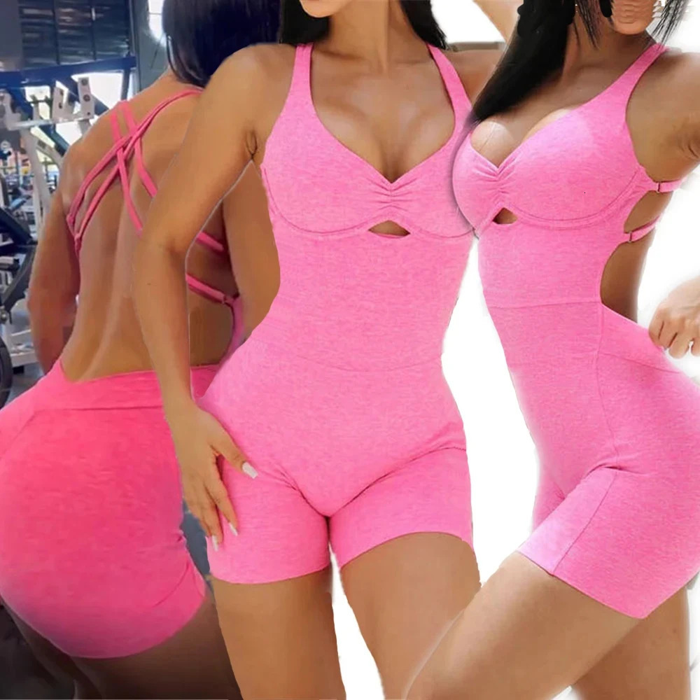 Nylon Pad Women Yoga Set Rompers One Piece Jumpsuit Gym Exercise Sports Bra Romper Fitness Shorts Sportwear Active Suit 241030