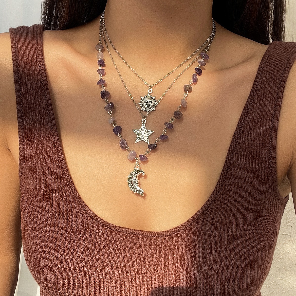European and American Cross-border Jewelry New Chinese Retro Moon Zircon Necklace Mint Wave Style Green Leaf Sweet and Cool Layered Necklace