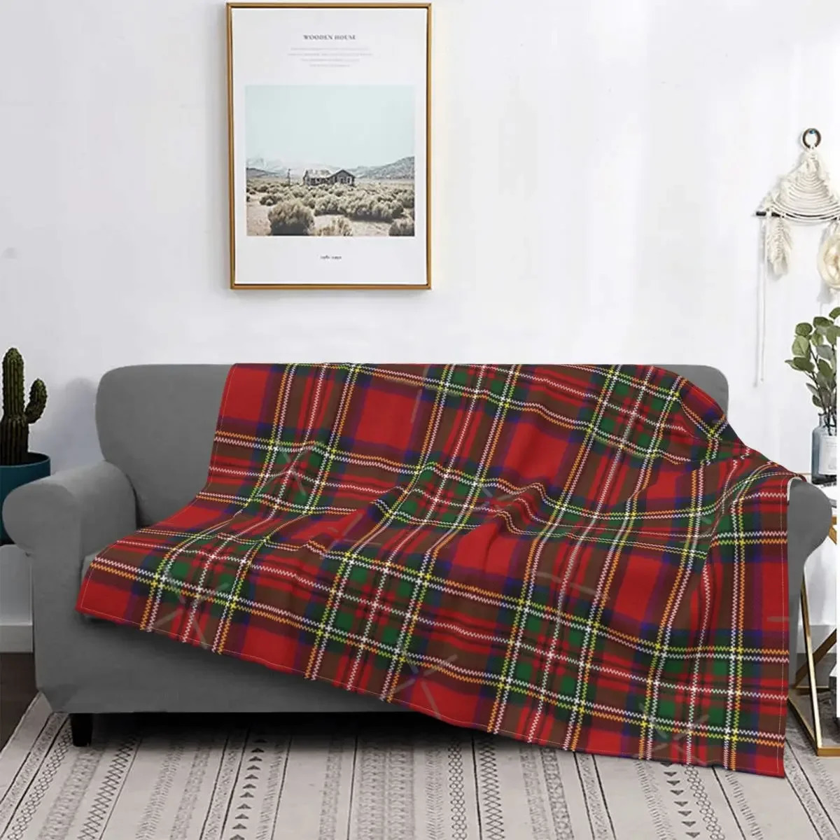 Red Tartan Stewart Clan Throw Blankets Plaid Ultra-Soft Flannel Blanket Lightweight Home Decor Fleece for Men Women Kids 241030