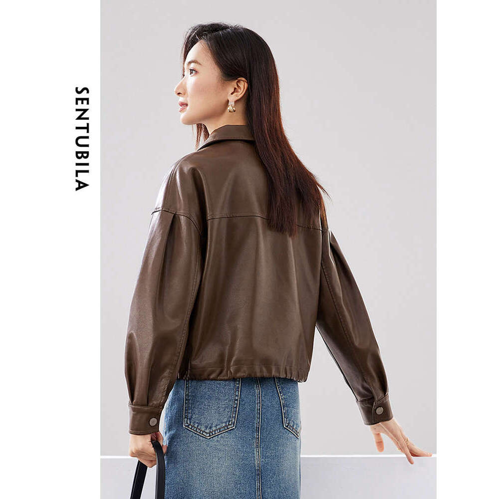 Pu Leather Cropped Bomber Jacket Women Female Short Outerwear 2024 Spring Coffee Lapel Full-Zip Solid Jackets W41g527