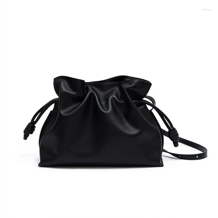 Drawstring Women Casual Large Capacity Bucket Bag Ruffles String Cow Split Leather Shoulder Female Strap Shopping Crossbody Bags Brown 23f1 4