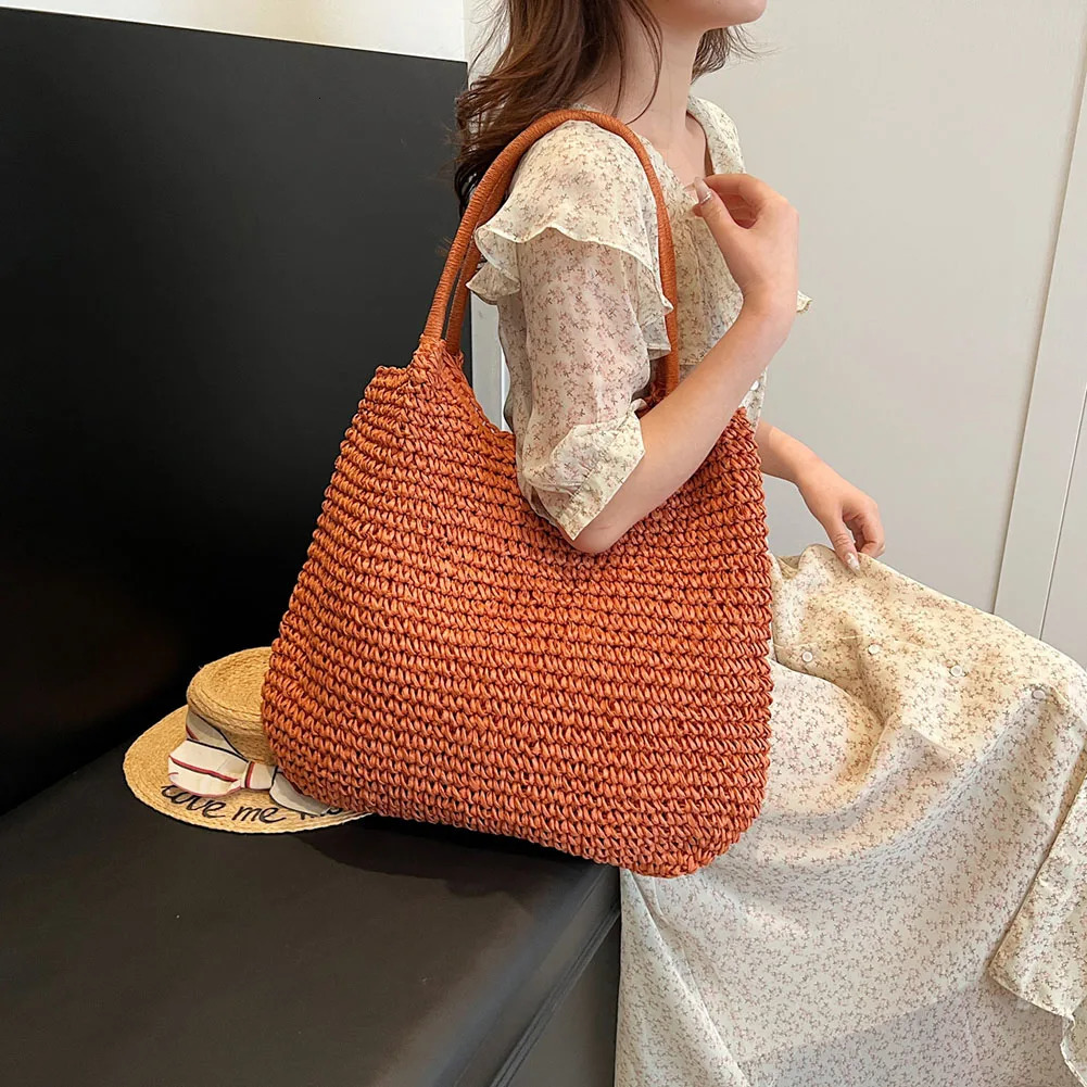 Women Straw Tote Handbag Large Capacity Vintage Shoulder Bag Solid Color Crochet Beach Ladies Summer Daily 241029