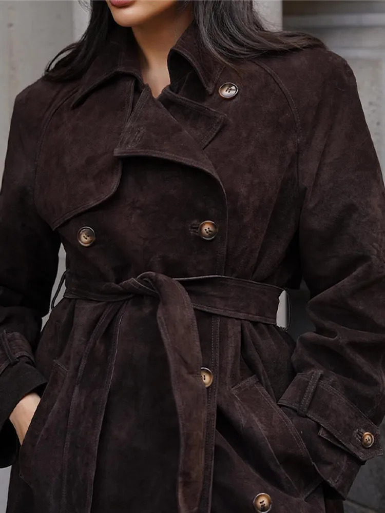 Brown Suede Leather Women Winter Coats With Belt Vintage Lapel Double Breasted Coat Ladies 2024 High Street Trench Outerwear 241029