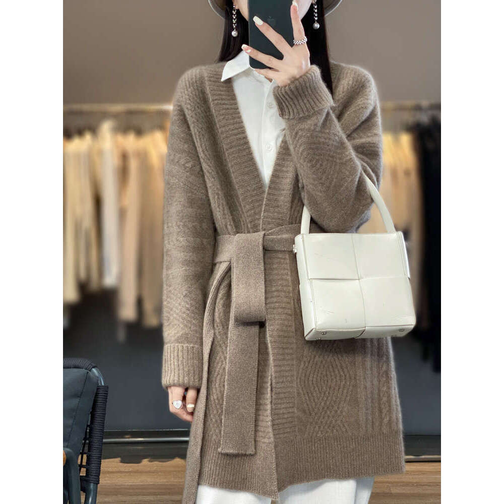 New Women Cashmere Sweater Autumn Winter Thick Long Cardigan 100% Merino Wool V-Neck Knitwear Female Soft Fashion Coat Top