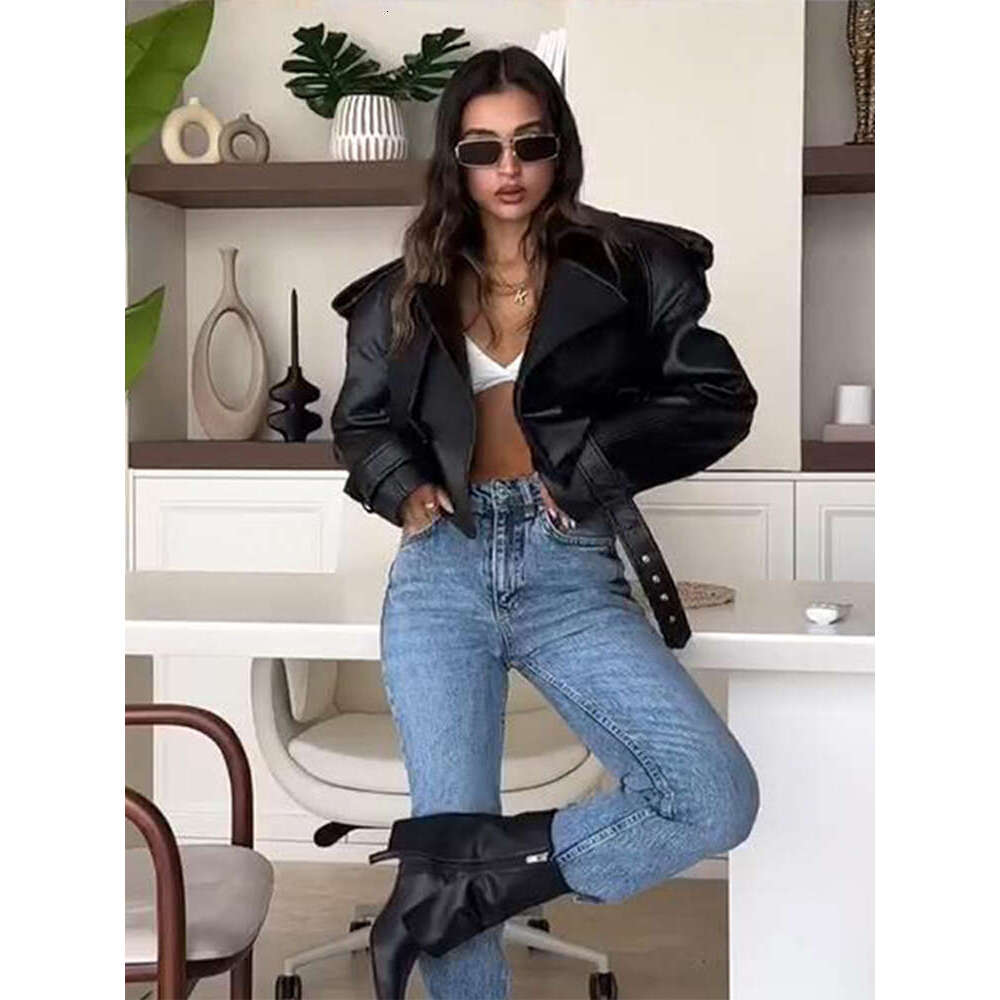 Street Bury Leather Women Lapel Jacket Fashion Solid Casual Long Sleeves Female Jackets 2024 Motorcycle Lady Overcoat