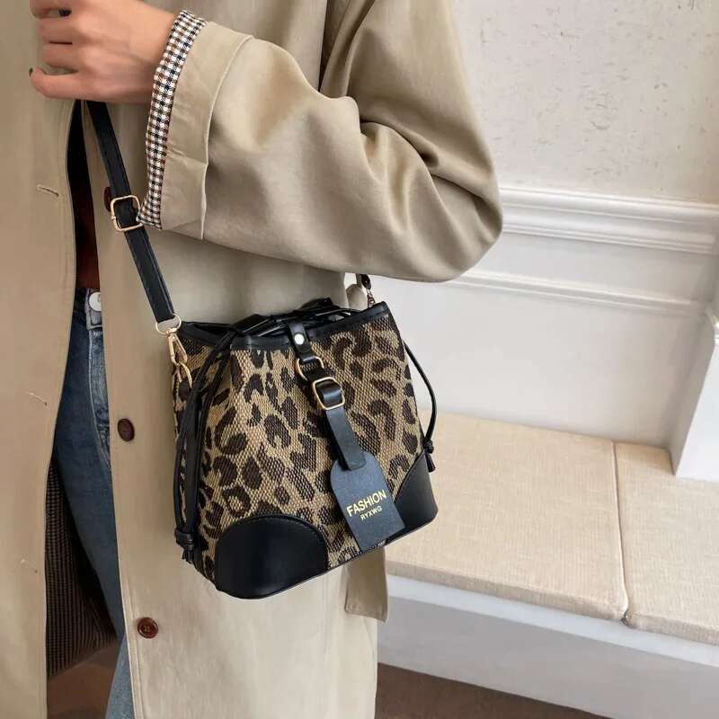 Leopard Small PU Leather Women Bucket Crossbody Bags 2024 Fall Designer Shoulder Bag Brand Ladies Handbag Lady Trend Tote