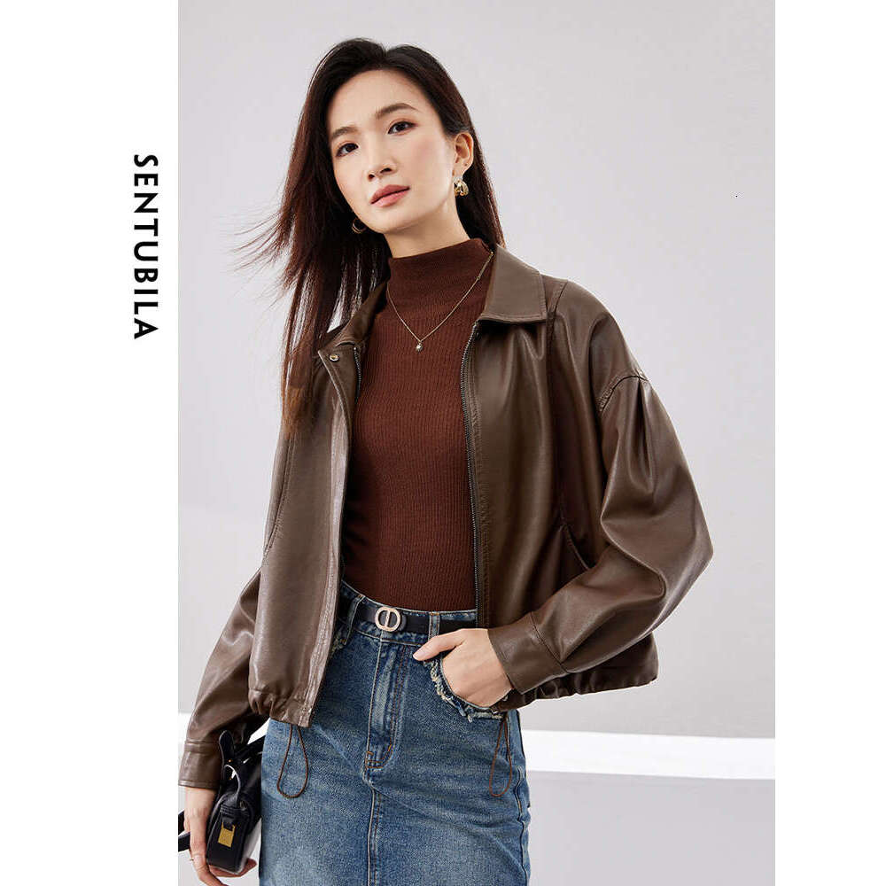 Pu Leather Cropped Bomber Jacket Women Female Short Outerwear 2024 Spring Coffee Lapel Full-Zip Solid Jackets W41g527