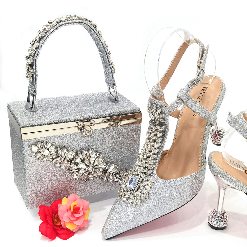 Temperament Square Water Dia Handbag Pointed Fine Heels Sandals Wedding Shoe Bag Set Combination