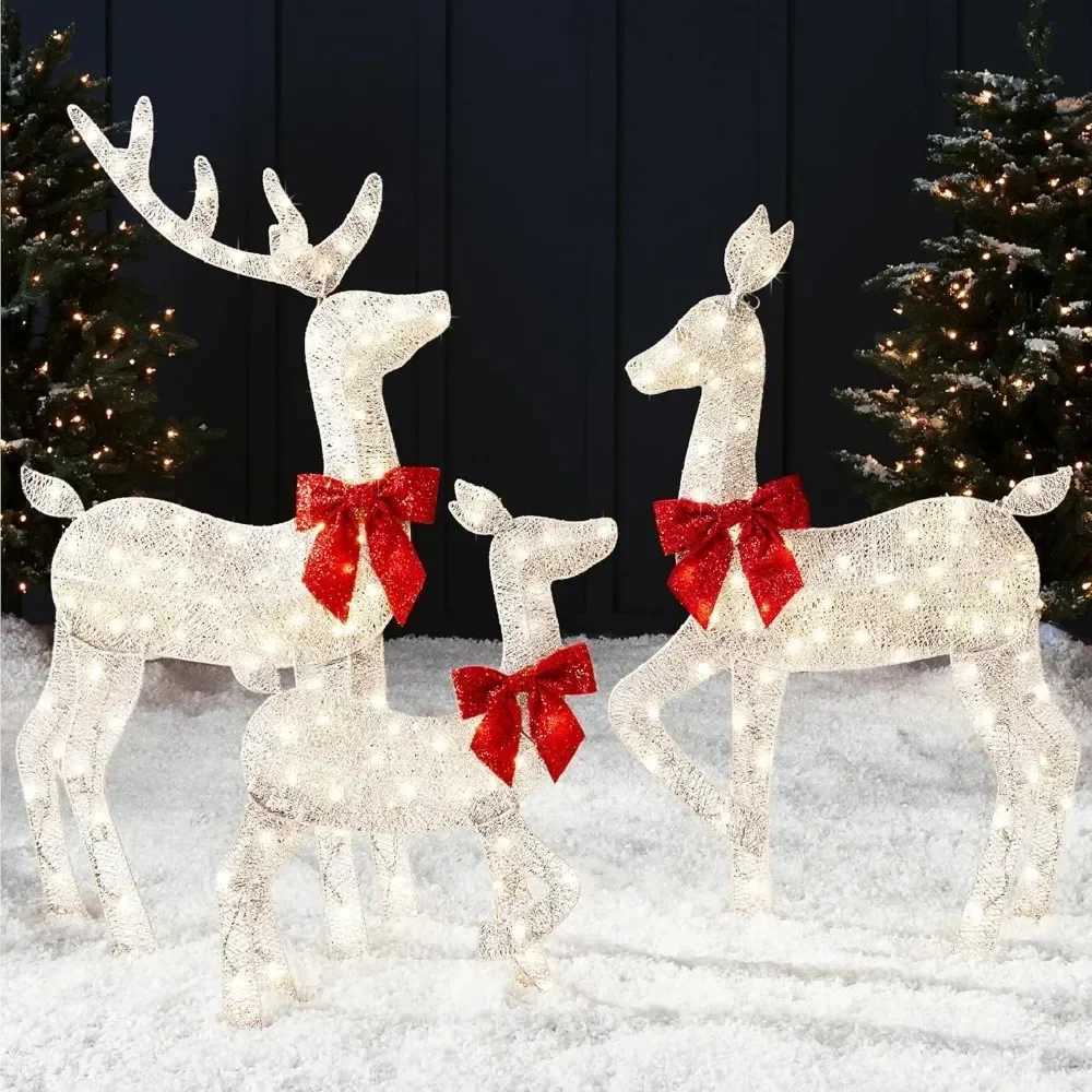 4-foot 3-piece Set of 2D Luminous Christmas Deer Outdoor Reindeer Decoration 175 LED Lights Wooden Stakes Zippers - WhiteXJ241026