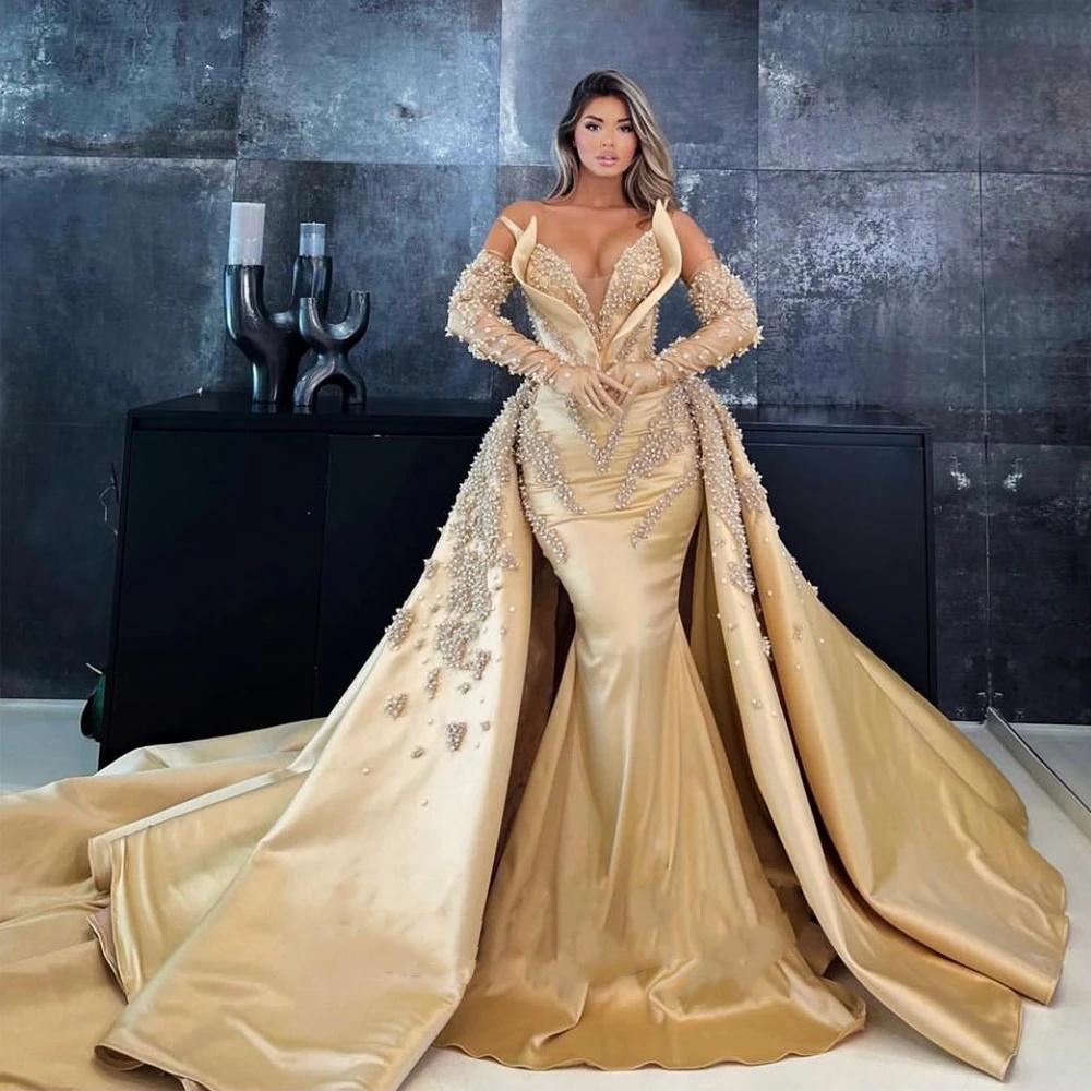 Pearls Evening Beading Strapless Prom Gowns With Detachable Train Sleeveless Party Dresses Custom Made Vestidos De Noche 0220
