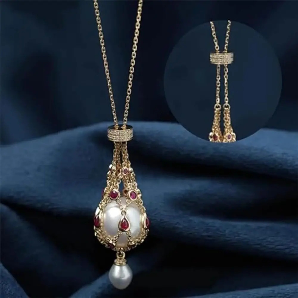 Adjustable pearl gemstone inlaid pendant replaceable metal woven mesh necklace jewelry gift 241030