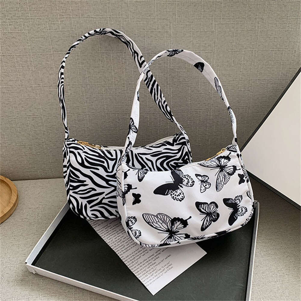 Animal Print Nylon Shoulder Bag for Women - Vintage Half-Moon Handbag Purse