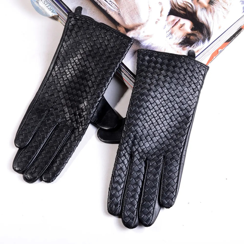 Womens 100% Real Leather Winter Warm Elegant Woven n Lambskin Goatskin Classical Driving Riding Touch Screen