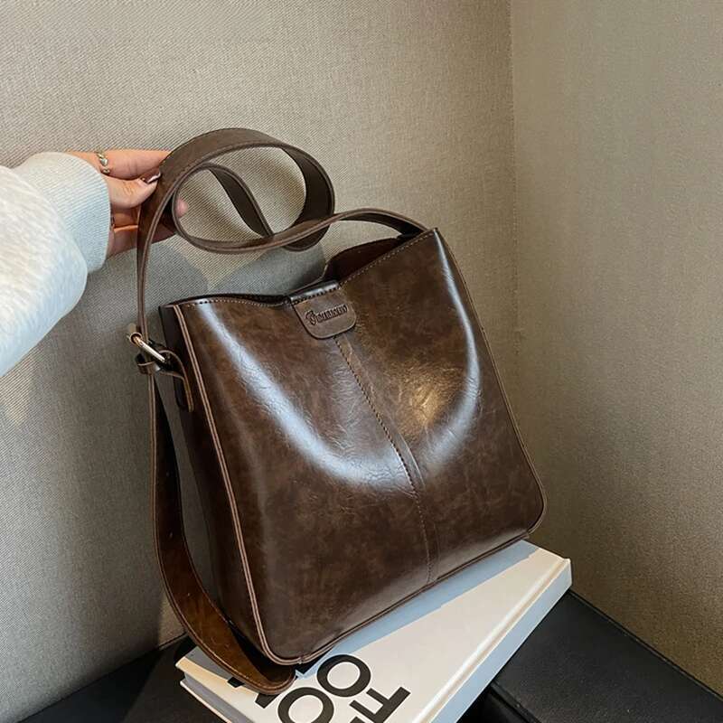 Retro Shoulder Tote Bag Set For Women Wide Strap Soft PU Leather Crossbody Bags With Small Purse Large Capacity Shoppers