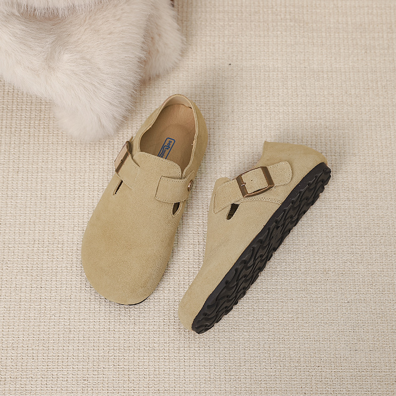 Real leather cowhide velvet warm single new autumn and winter soft sole flat bottom with increased height Boken shoes women's scoop style