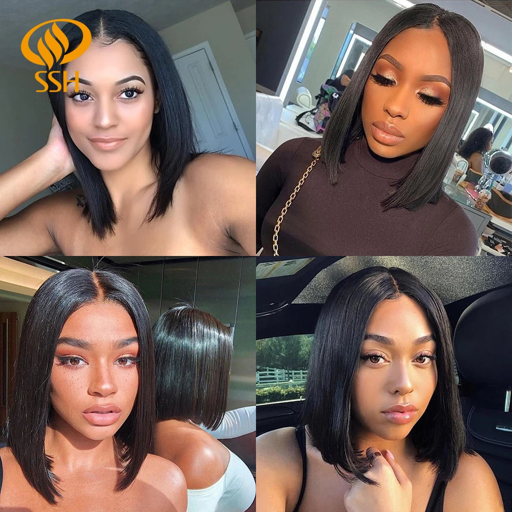 SSH Straight Short Bob Human Hair Wigs for Black Women Lace Part Brazilian Hair Wigs Remy Hair Middle Part Side For Brown Women 241029