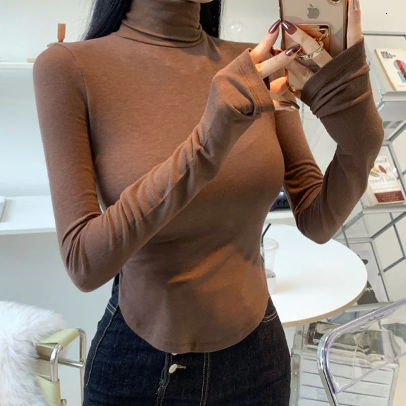 Sexy High Neck Long Sleeve Black Bodycon T-shirts Women Autumn Winter Fashion Shoulder Pads Hem Irregular Beige Pullovers 241029