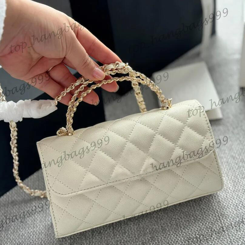23K Women Brand Caviar Leather Calfskin White Vanity Hand Totes Bags Gold Chain Crossbody Purse 19X10CM Large Capacity Pouch