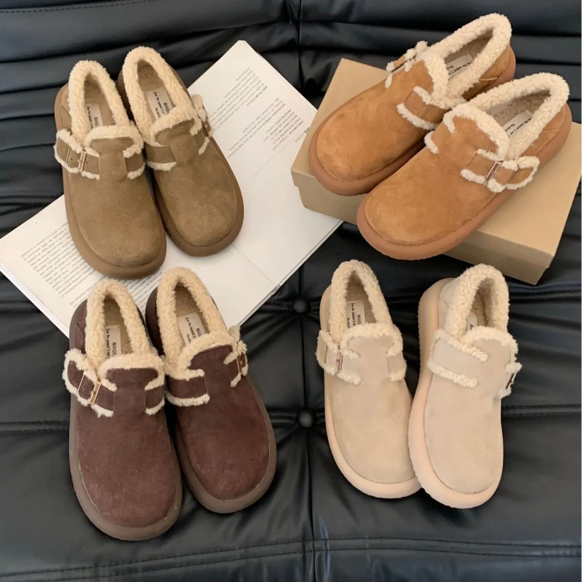Designer Solid Winter Warm Plush Snow Boots Women Loafers Flat-Bottomed Retro Boken Shoes Ladies Mules Casual Korean Flats