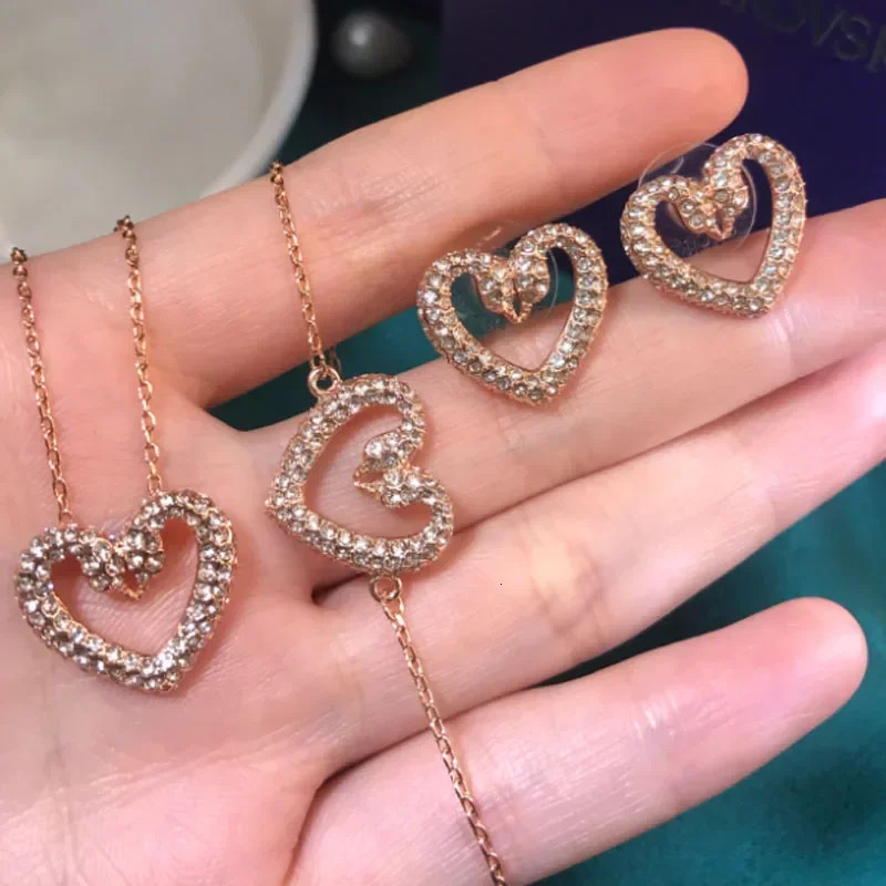 Original 2024 Romantic Party Gift Charming Pink Heart shaped Crystal Pearl Necklace Earrings for Womens High Jewelry Set 241030