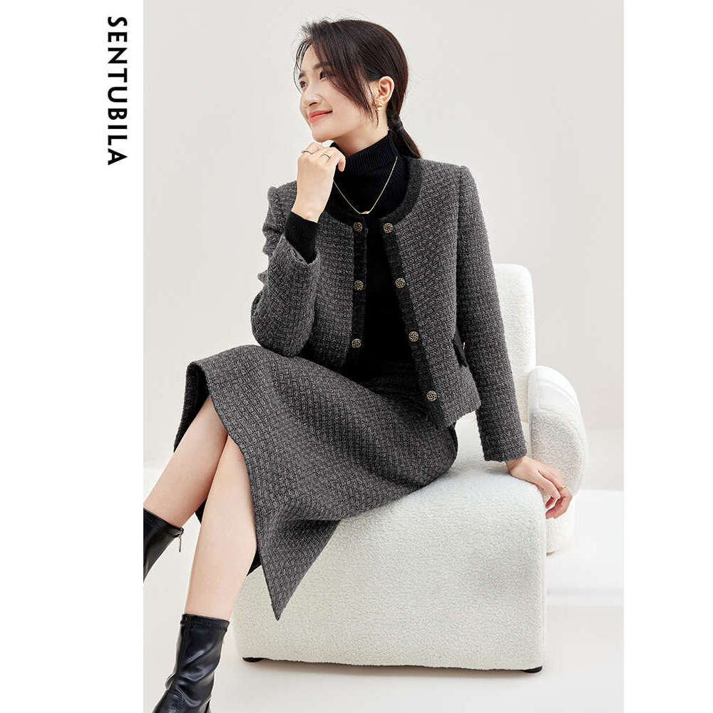 Vintage Set Women Outfits 2024 Hight Quality Wool Blend Jacket Lady High Waist Midi Skirt 2 Piece Sets 134Z50818