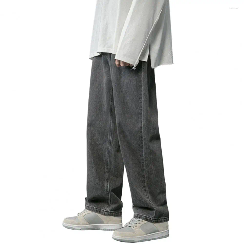 Mens Jeans Korean Casual Hip Hop Long Baggy Classic Man Straight Wide Leg Denim Pants Light Blue Grey Black Streetwear Trousers
