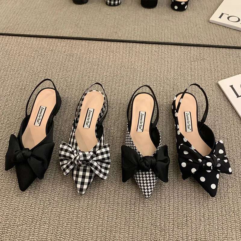 Women's Fashion Pointed Toe Bowknot Sgbac Pumps Plaid Polka Dots Heels Slip-on Small Heel Sandals Casual Thin Shoes