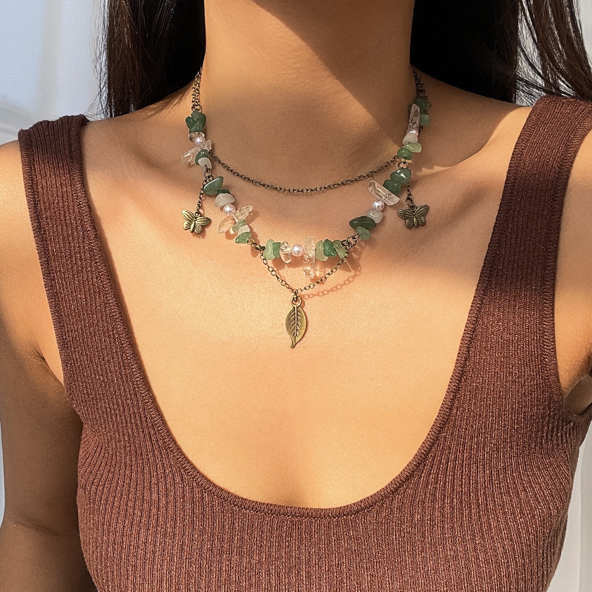 European and American Cross-border Jewelry New Chinese Retro Moon Zircon Necklace Mint Wave Style Green Leaf Sweet and Cool Layered Necklace