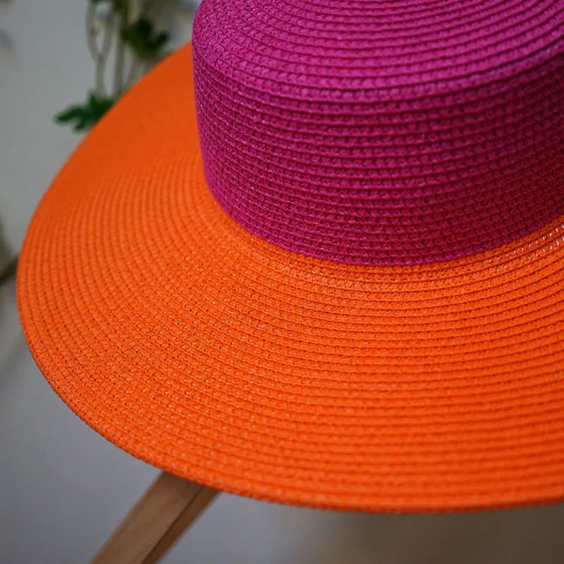 Wide Brim Pink Orange Patchwork Straw Hats Flat Top Boater Hat Ladies Church Wedding Party Hat Derby Vocation Beach Hat 241029