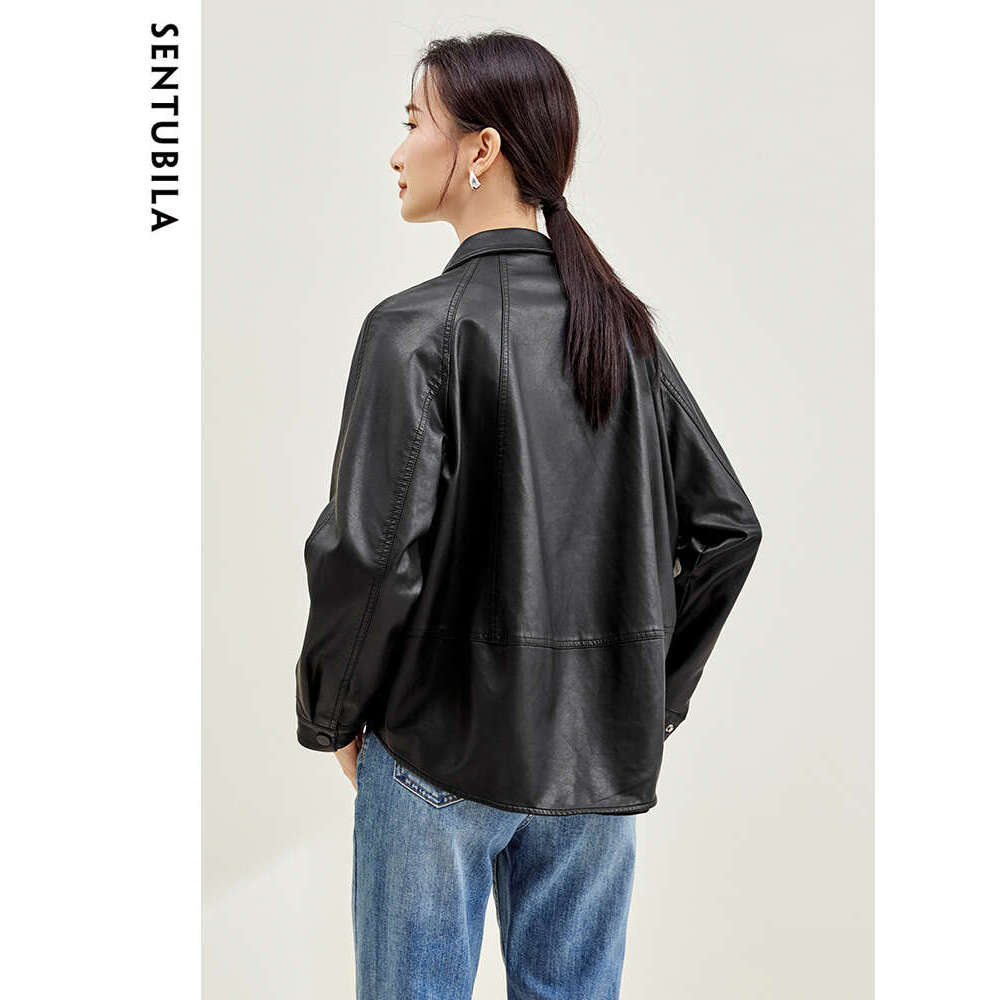 Black Faux Women Shacket 2024 Autumn Winter Outerwear Pu Leather Button Up Shirt Jacket Coat W33g49948