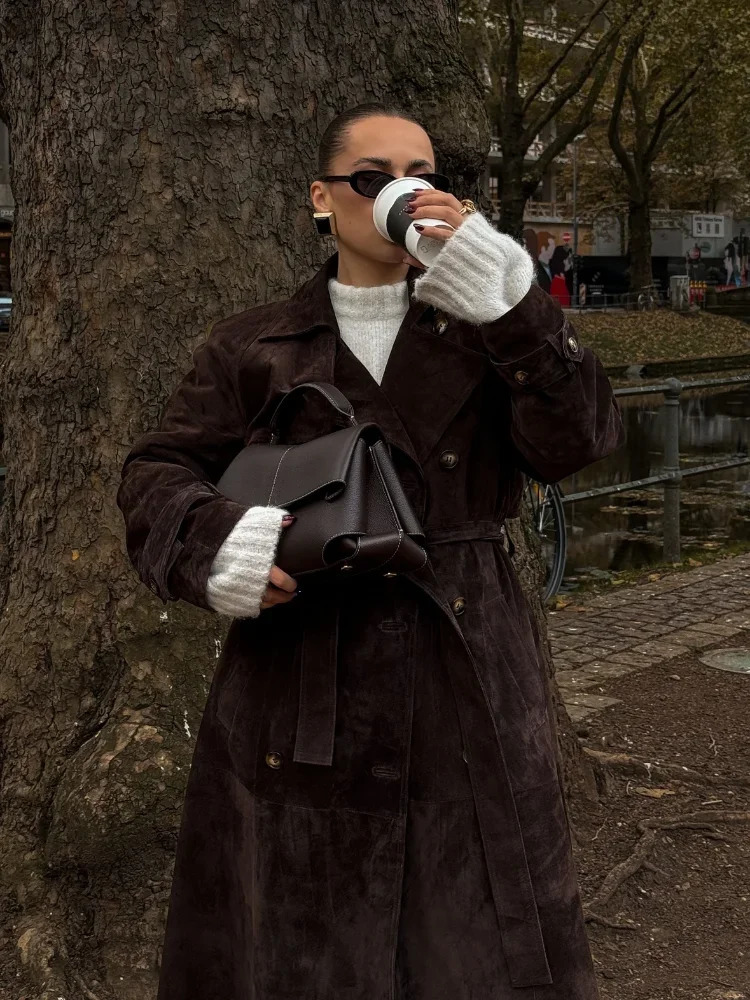 Brown Suede Leather Women Winter Coats With Belt Vintage Lapel Double Breasted Coat Ladies 2024 High Street Trench Outerwear 241029