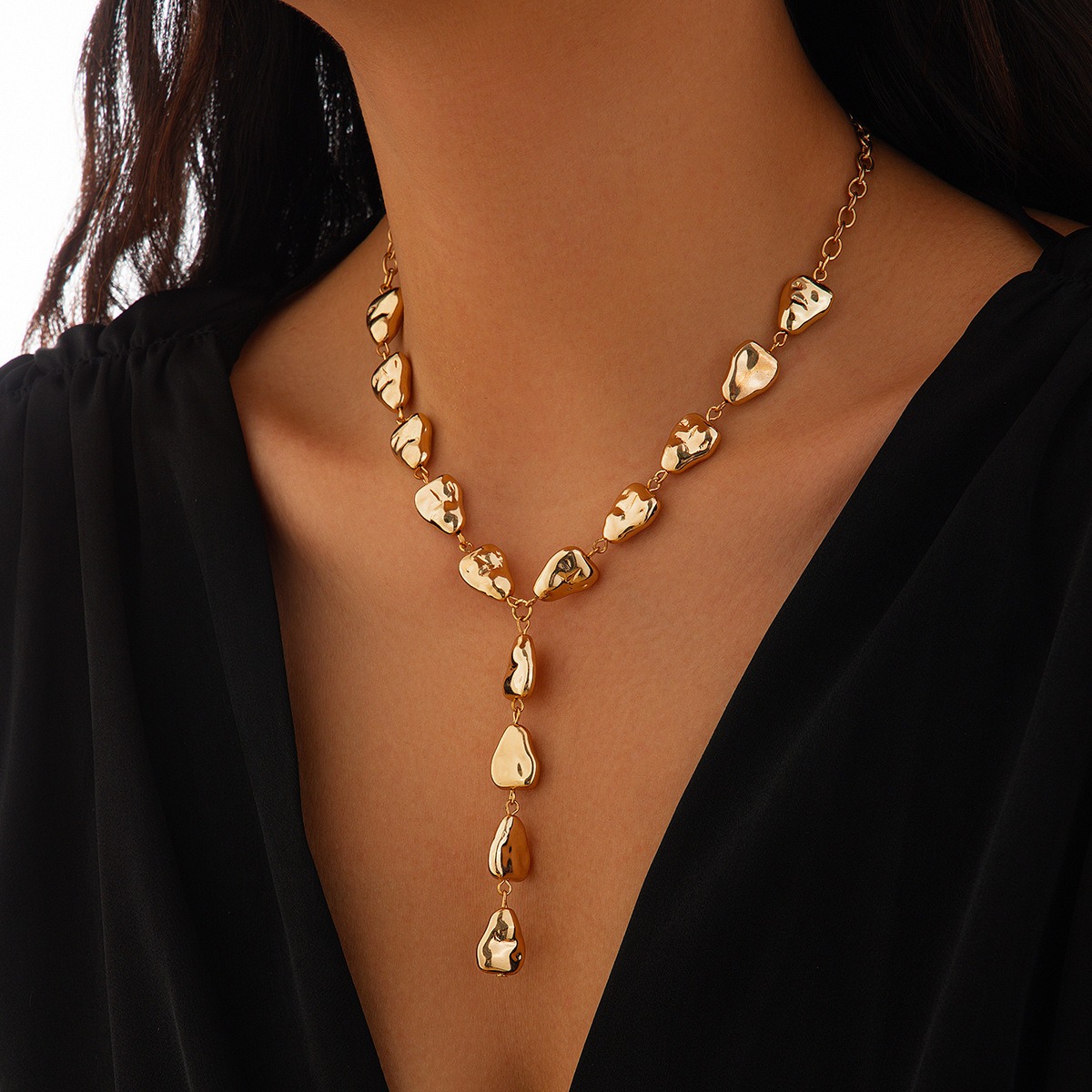 Cross Border Jewelry Necklace Irregular Baroque Y-shaped Collarbone Chain Cool Style Flat Water Droplet Pendant Necklace for Women