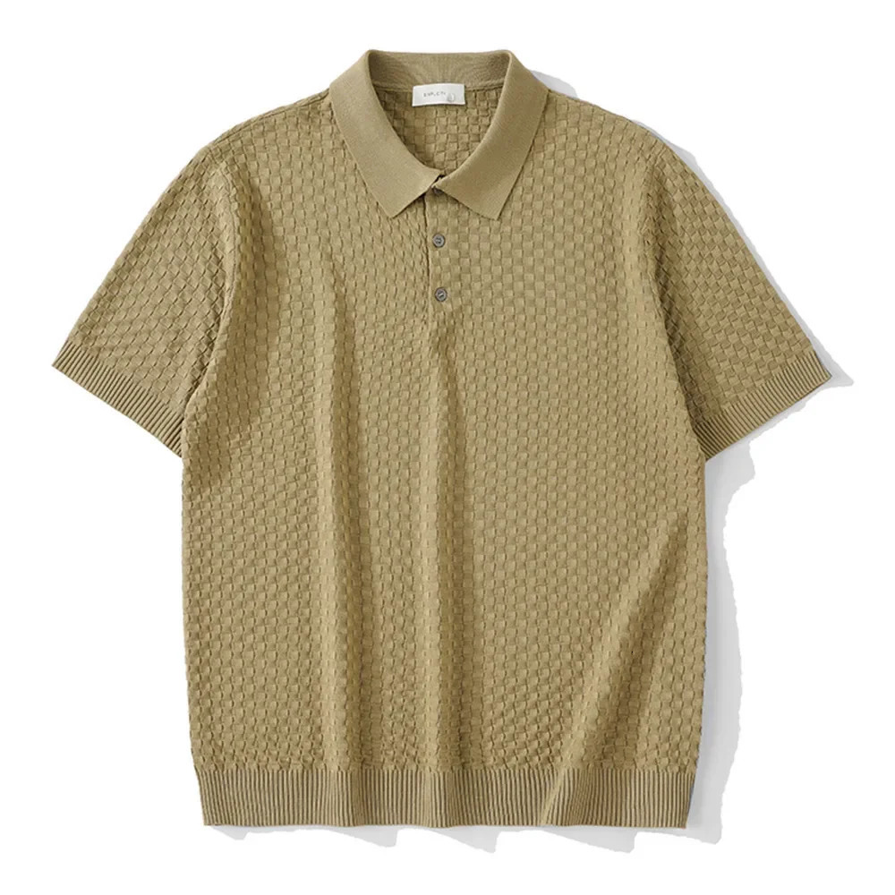 Spring Summer Knit Solid Color Plaid Texture Lapel Loosefit Polo Light Mens Breathable Casual Shirt Trendy 241029