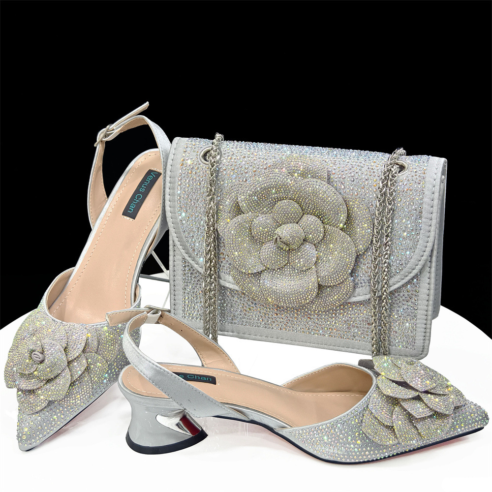 Pointed high heels paired with square shoulder bag with floral decoration for women's shoe bag set