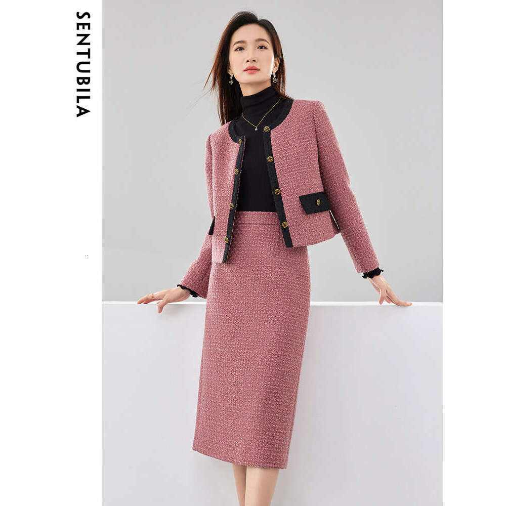 Vintage Set Women Outfits 2024 Hight Quality Wool Blend Jacket Lady High Waist Midi Skirt 2 Piece Sets 134Z50818