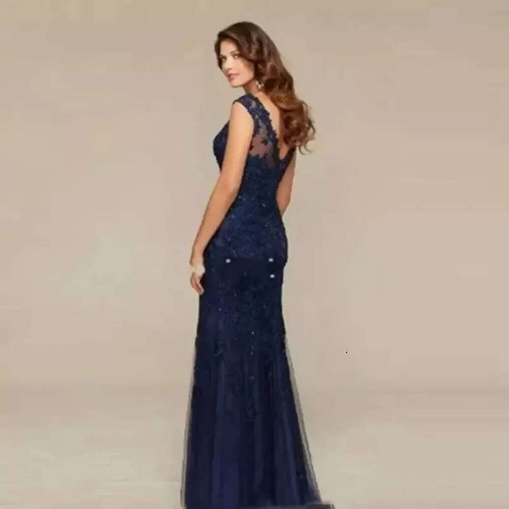 Sheer Crew Neck Elegant Mother Of The Bride Dresses New Arrival Navy Blue Lace Long Mermaid Party Gowns Wedding Guest Evening Dress