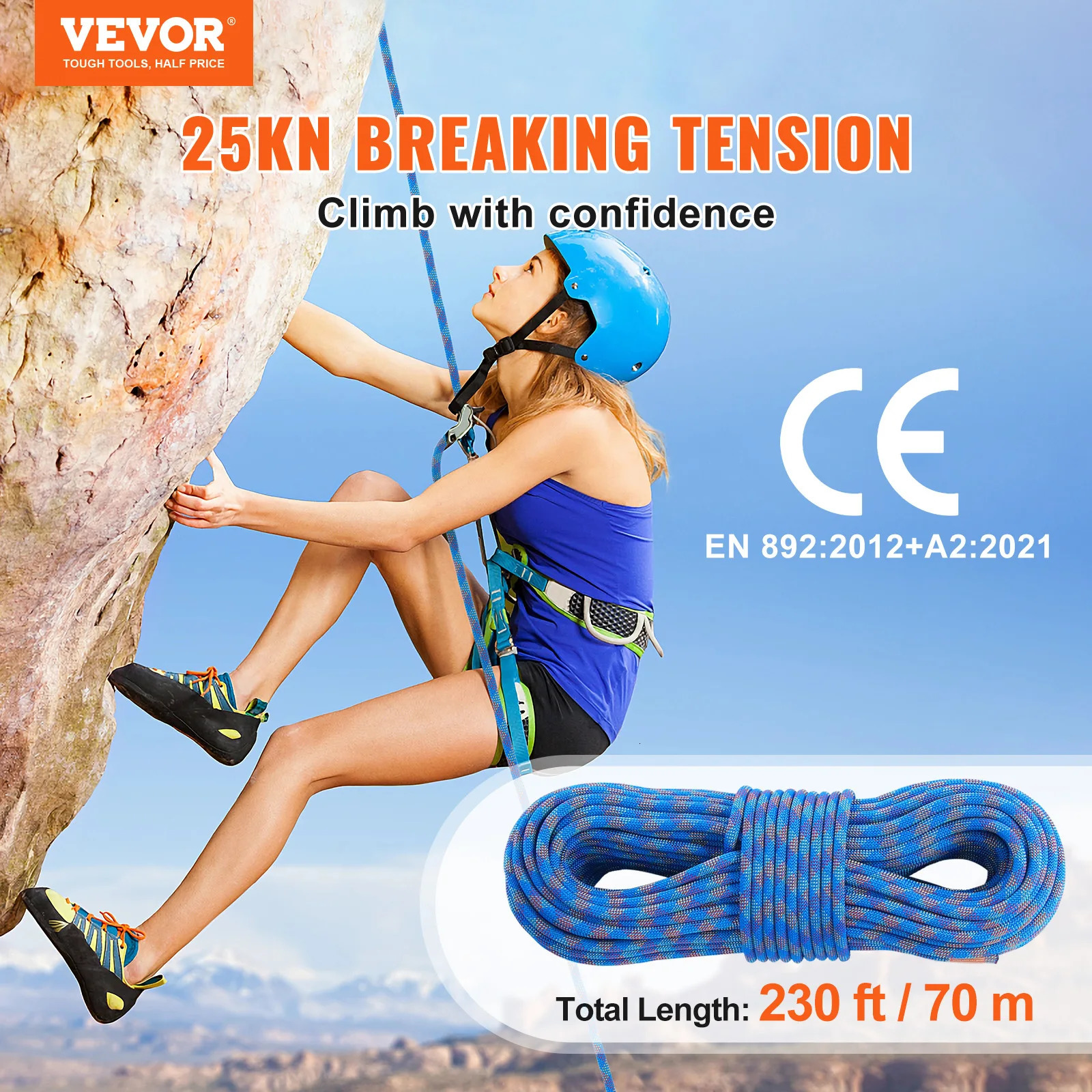 VEVOR 10.2mm Dynamic Climbing Rope 131-230ft Outdoor Climbing Rope 25KN Fracture Tension Scalable Fiber Rope 241029